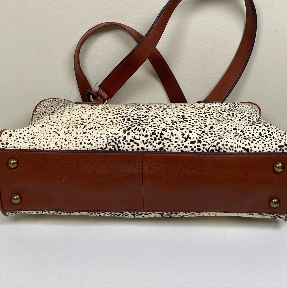 Fossil Memoir Satchel Leather Calf Hair Purse White Bone Spot Animal Print Boho‎ - Picture 5 of 15